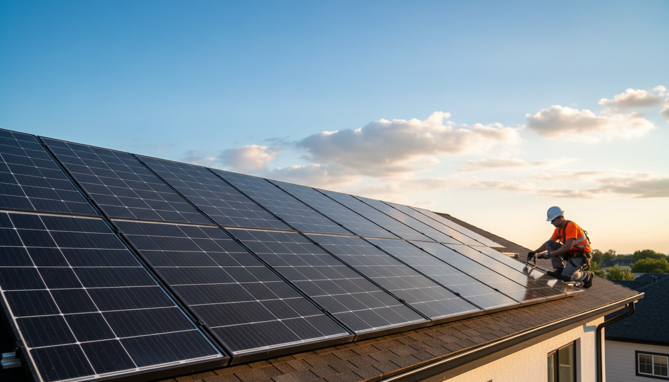 Technician inspecting rooftop solar panels on residential home with blue sky and clouds in golden afternoon light