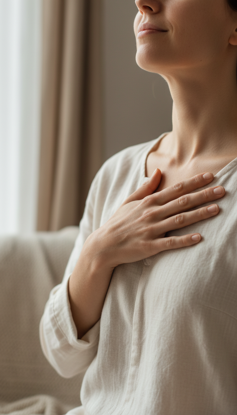 Breathwork helps youth regain control of their nervous system in high-stress moments. Close-up of a teen taking a slow breath with a hand resting on their chest for grounding.