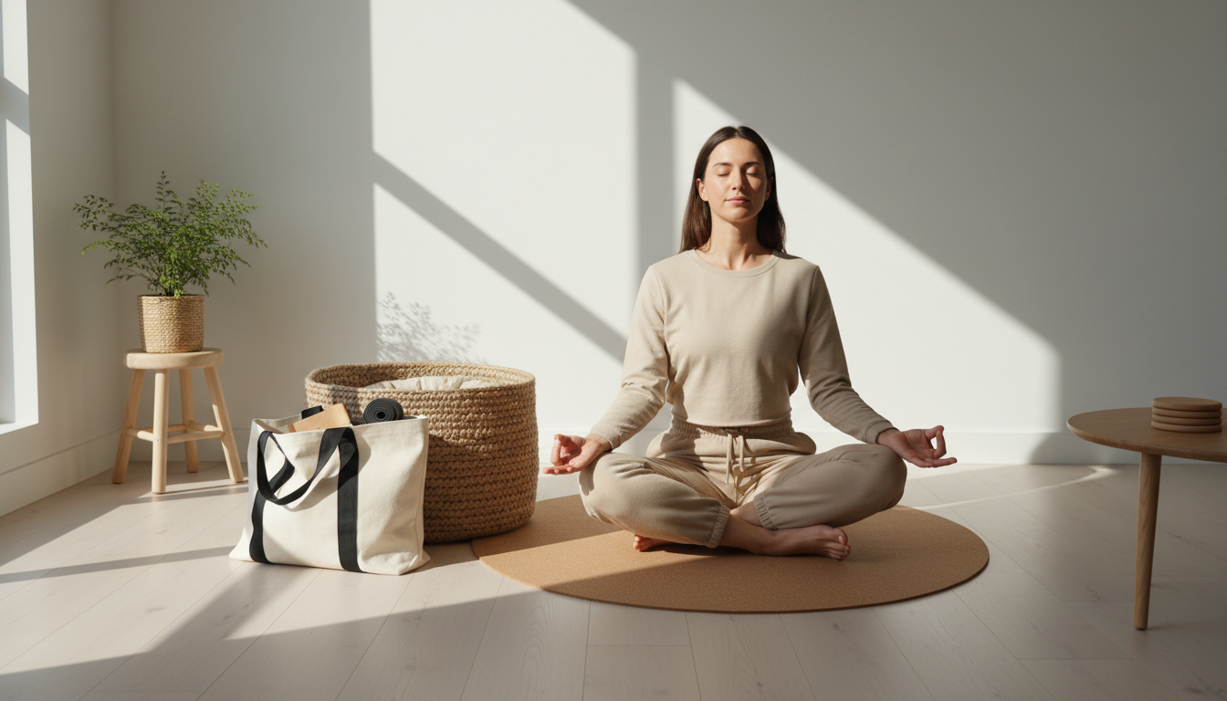 Woman practicing yoga on cork mat in bright home space with natural pet bedding and sustainable accessories, surrounded by natural light and eco-conscious décor