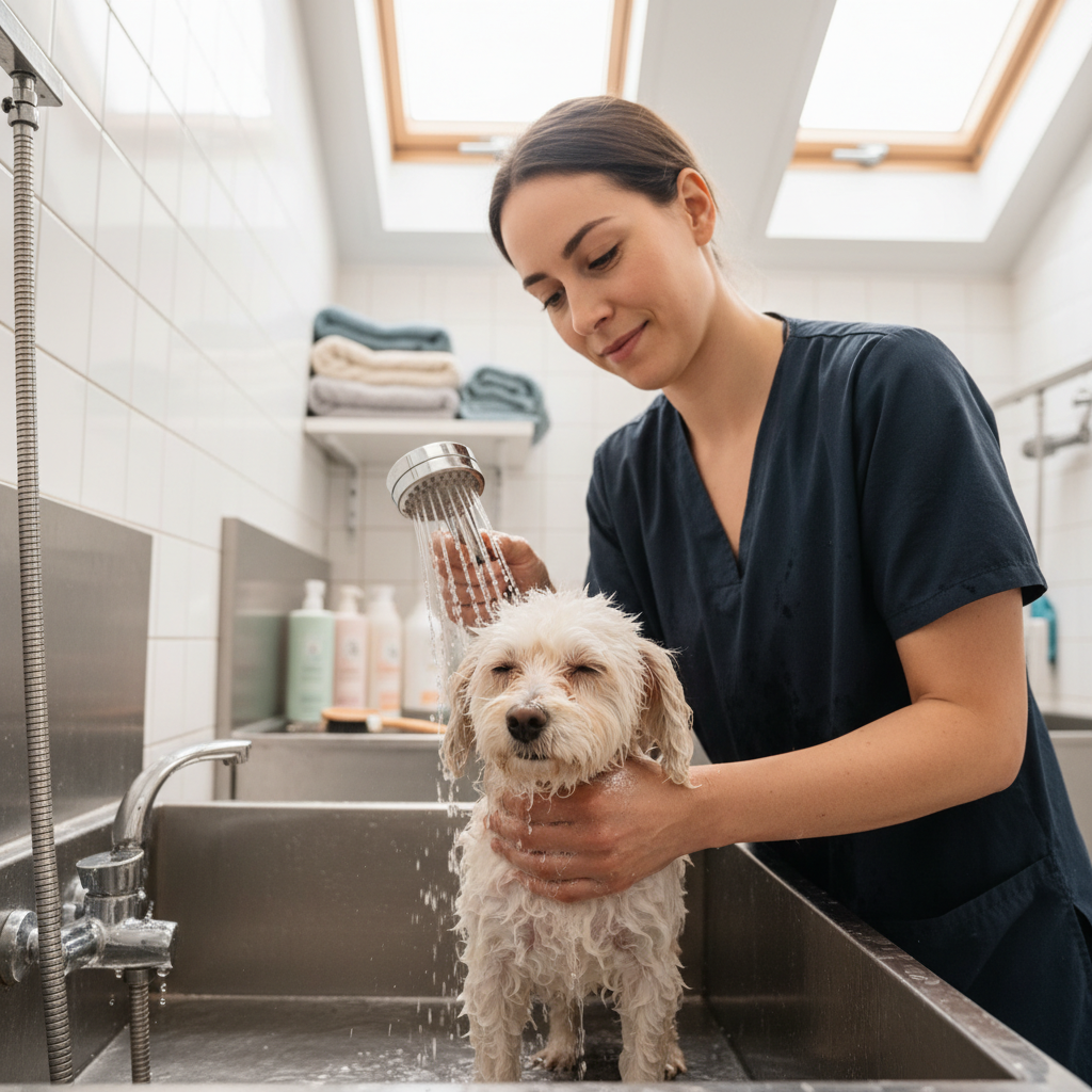 Professional groomer gently bathing a small dog in a modern grooming station with natural light and stainless steel fixtures Professional groomer gently bathing a small dog in a modern grooming station with natural light and stainless steel fixtures