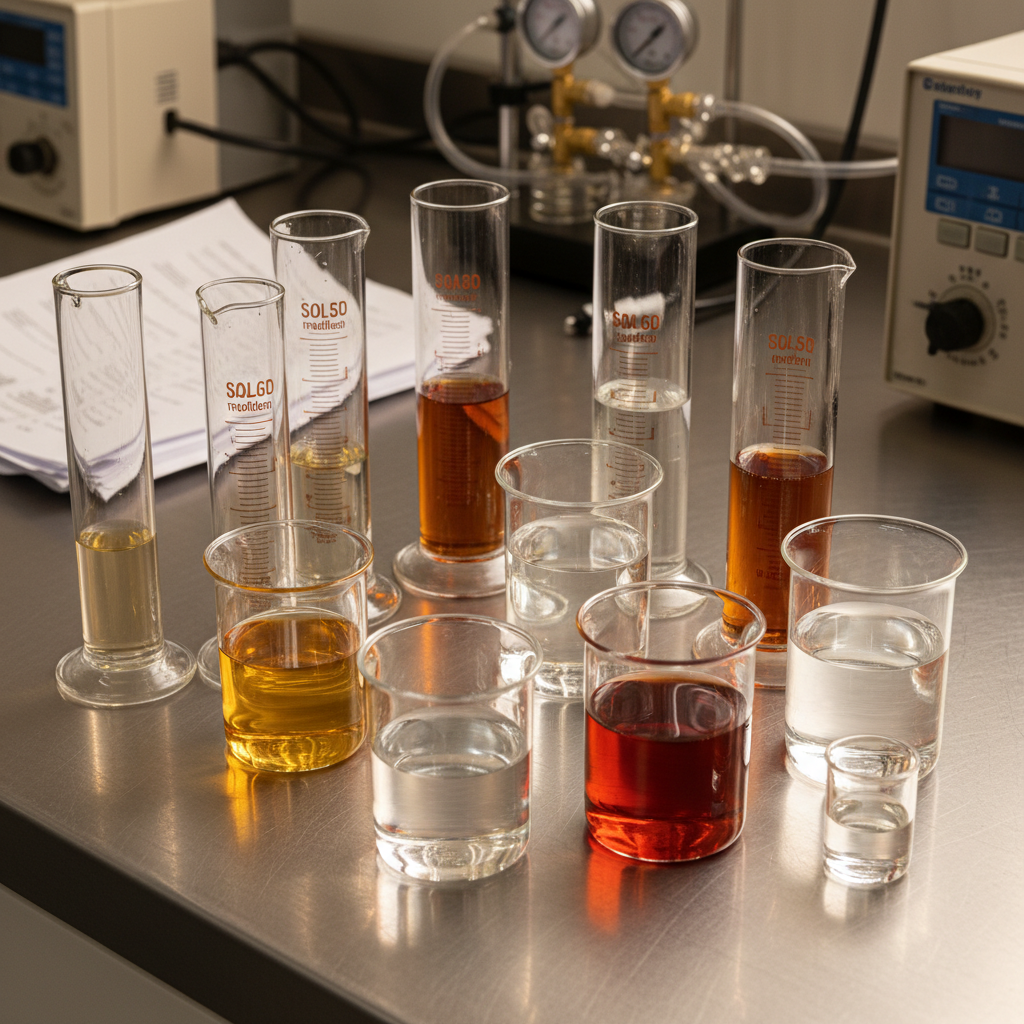 Overhead close-up of petroleum product samples in glass containers showing various refined fuel grades and derivatives Overhead close-up of petroleum product samples in glass containers showing various refined fuel grades and derivatives