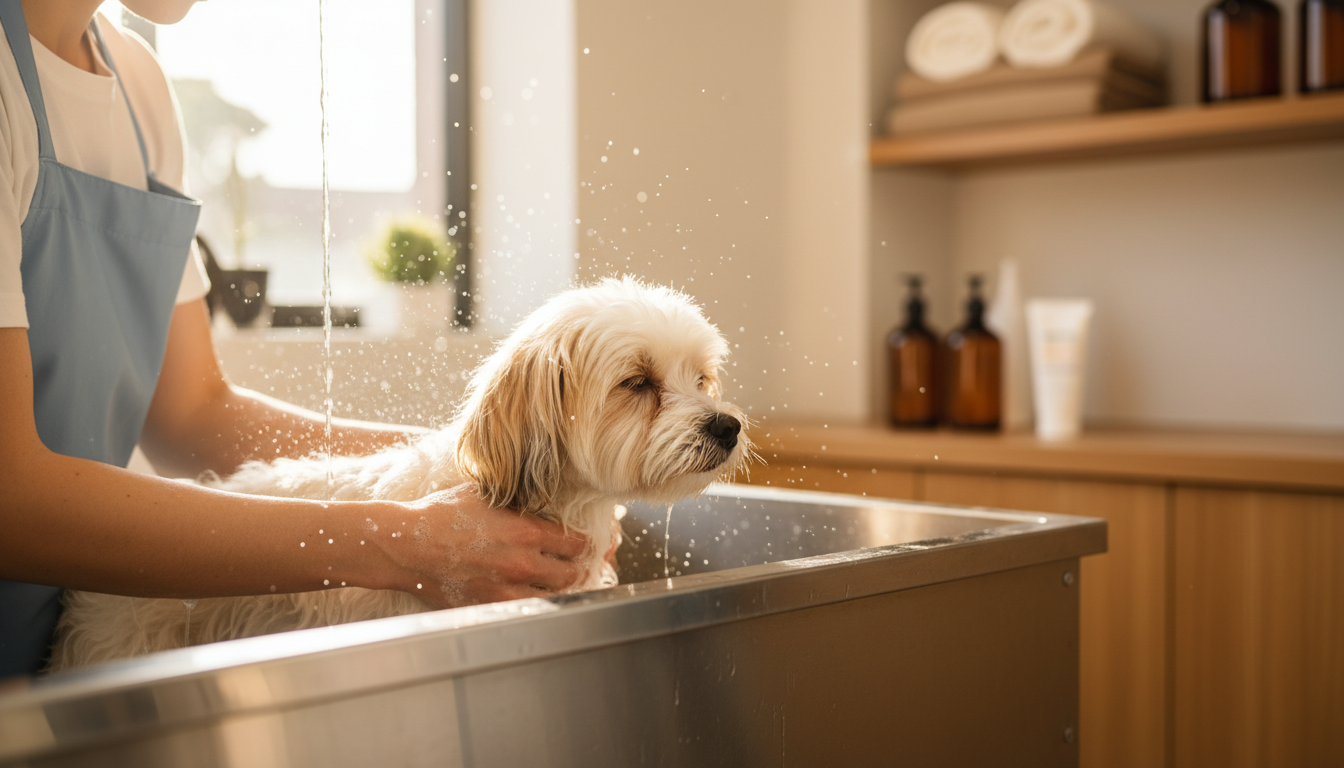 Professional groomer gently bathing small fluffy dog in grooming tub with natural window light and warm soapy water Professional groomer gently bathing small fluffy dog in grooming tub with natural window light and warm soapy water