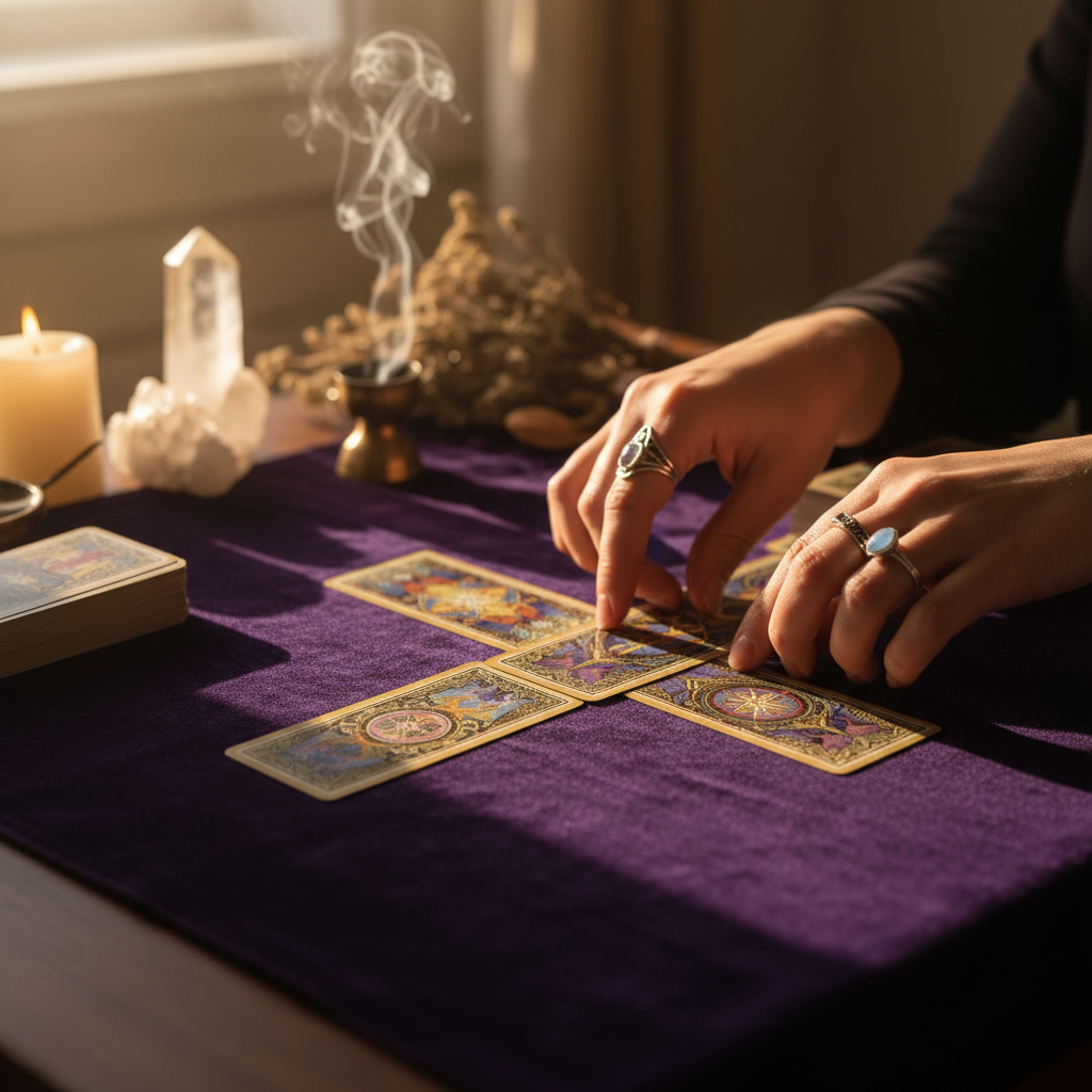 Tarot reader's hands placing ornate cards on purple velvet cloth by candlelight during spiritual consultation Tarot reader's hands placing ornate cards on purple velvet cloth by candlelight during spiritual consultation