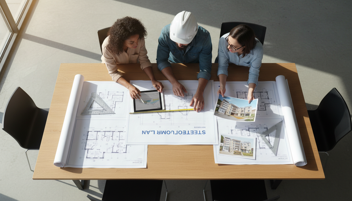 Diverse construction team reviewing blueprints and project plans at overhead view in site office Diverse construction team reviewing blueprints and project plans at overhead view in site office