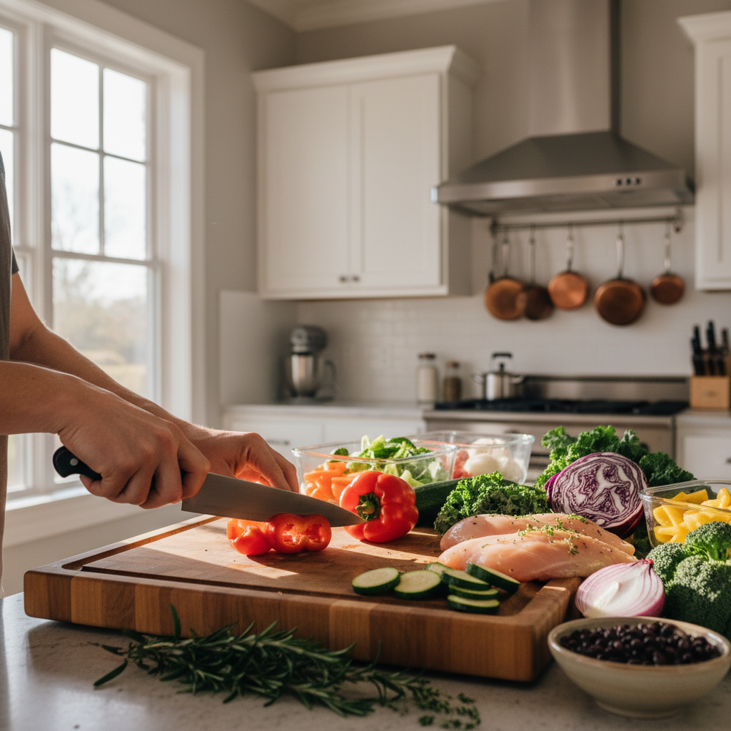 Professional chef hands preparing fresh colorful vegetables and proteins on wooden cutting board in bright home kitchen
