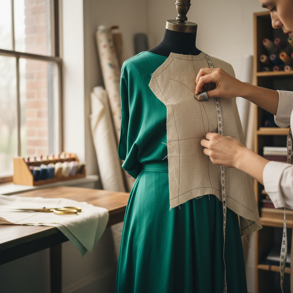 Tailor's hands carefully pinning custom fabric pattern on dress form in sunlit textile studio Tailor's hands carefully pinning custom fabric pattern on dress form in sunlit textile studio