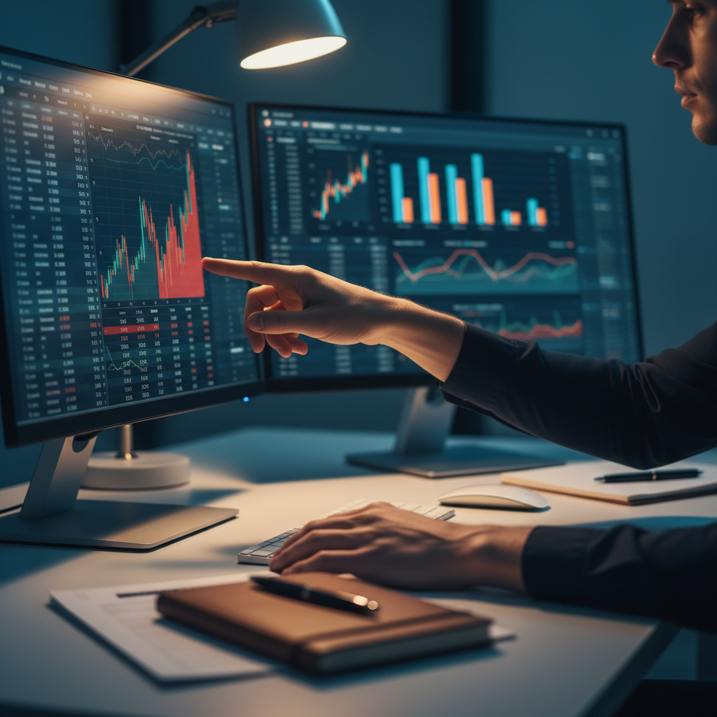 Data analyst examining financial anomalies on computer monitor with focused concentration and pointing gesture