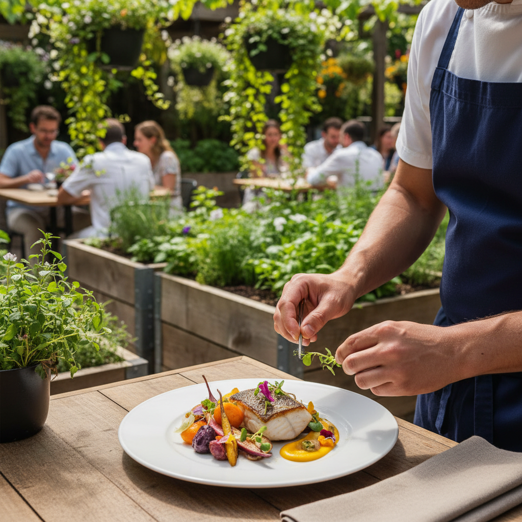 Chef's hands plating seasonal dish with fresh-harvested herbs in outdoor garden restaurant with plants visible Chef's hands plating seasonal dish with fresh-harvested herbs in outdoor garden restaurant with plants visible