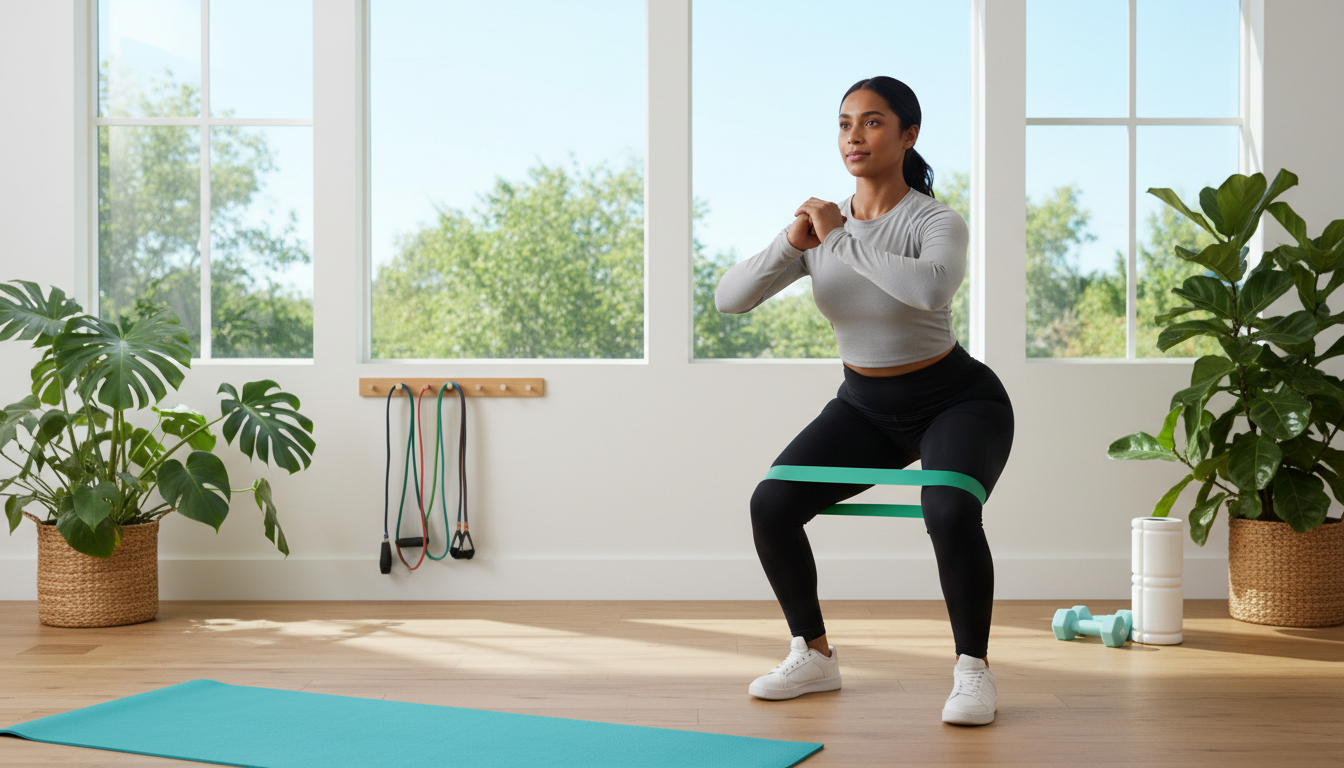Person exercising with proper form in bright home gym with natural light, yoga mat, and resistance equipment