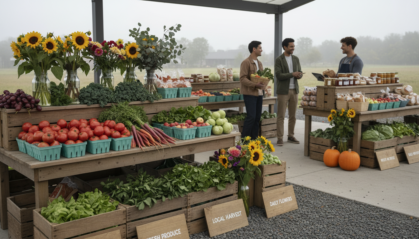 Farm market stand displaying organized fresh produce with customers selecting items during morning hours