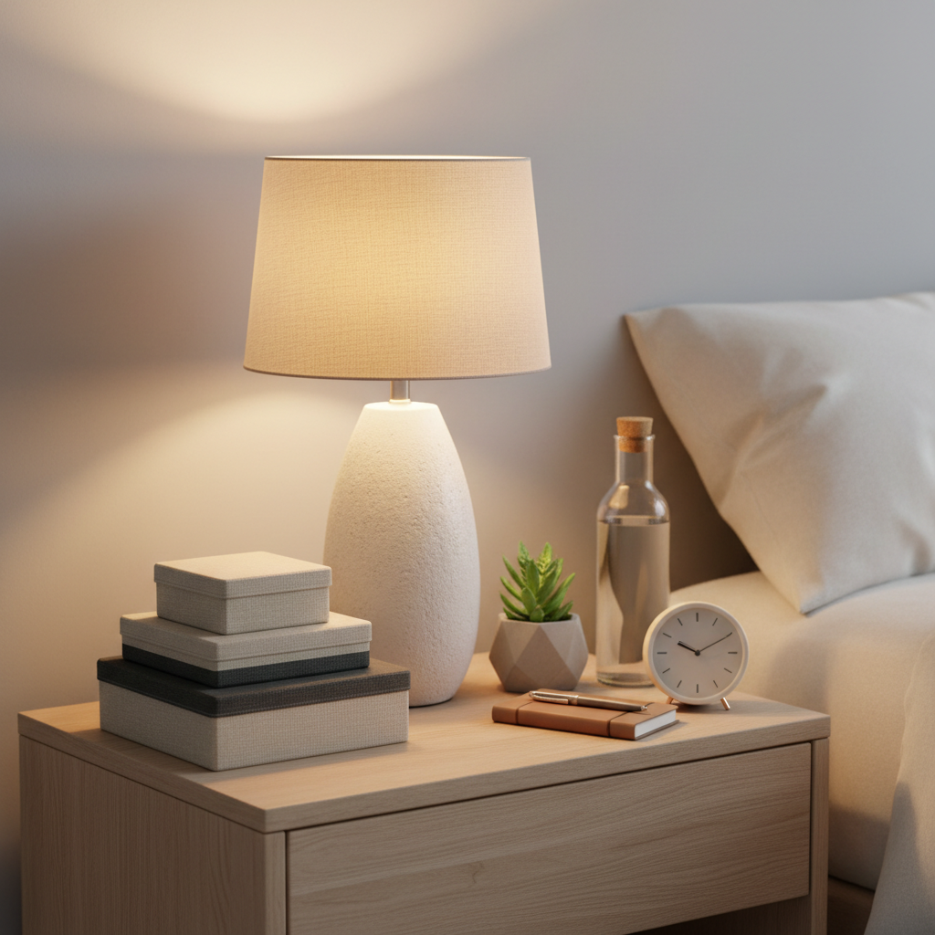 Notepad and pen on a nightstand next to a lamp Notepad and pen on a nightstand next to a lamp