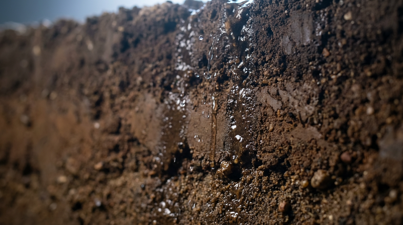 A properly installed French drain uses layers of gravel and fabric to filter subsurface water. A technical diagram showing the layers of a French drain including the trench, gravel, perforated pipe, and filter fabric.