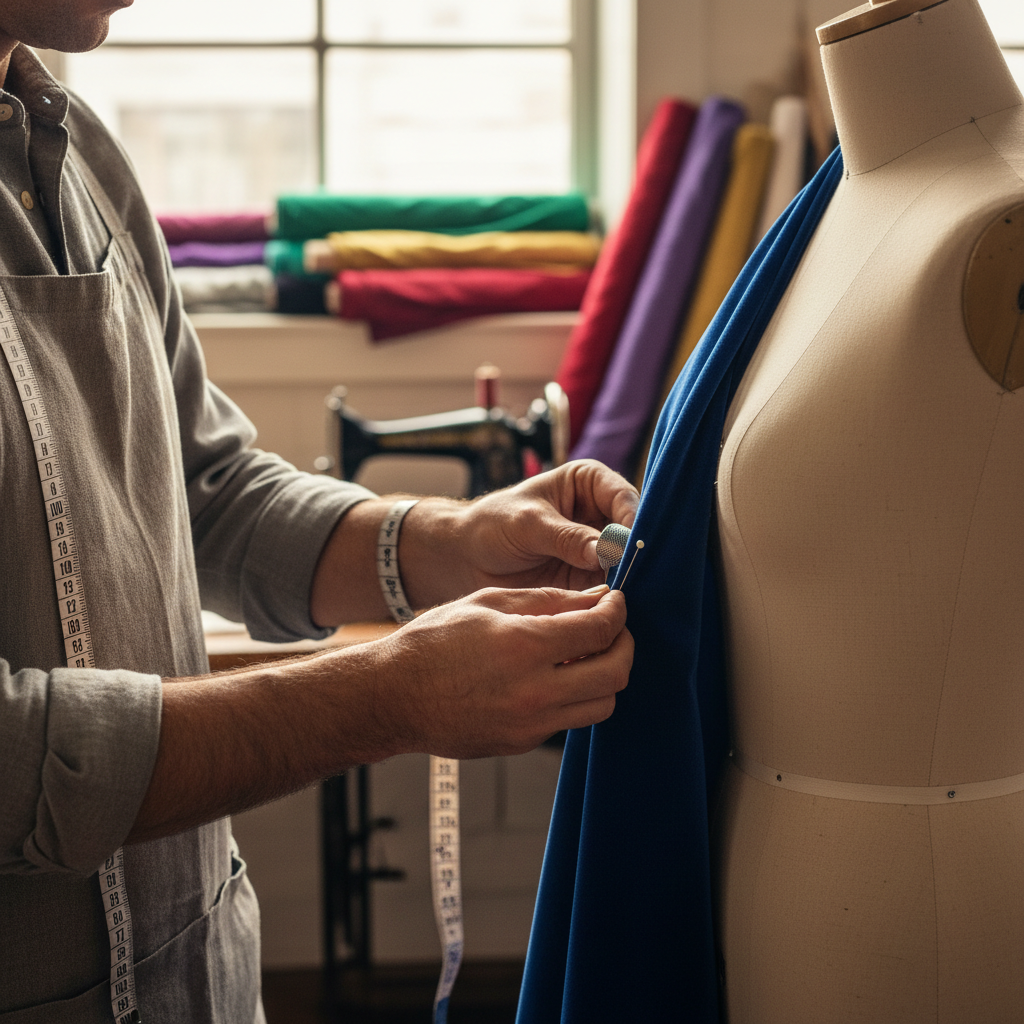 Master tailor's hands precisely adjusting fabric on dress form with pins during bespoke fitting Master tailor's hands precisely adjusting fabric on dress form with pins during bespoke fitting