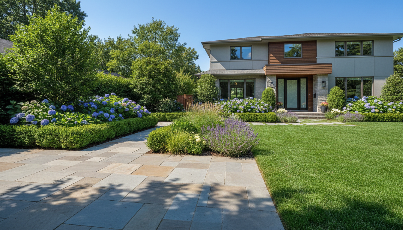 Beautifully designed residential front yard with stone patio, manicured lawn, and landscaped garden beds