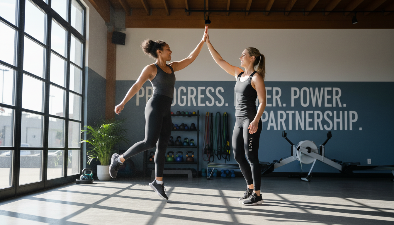 Trainer and client celebrating fitness achievement with high-five in bright modern studio Trainer and client celebrating fitness achievement with high-five in bright modern studio