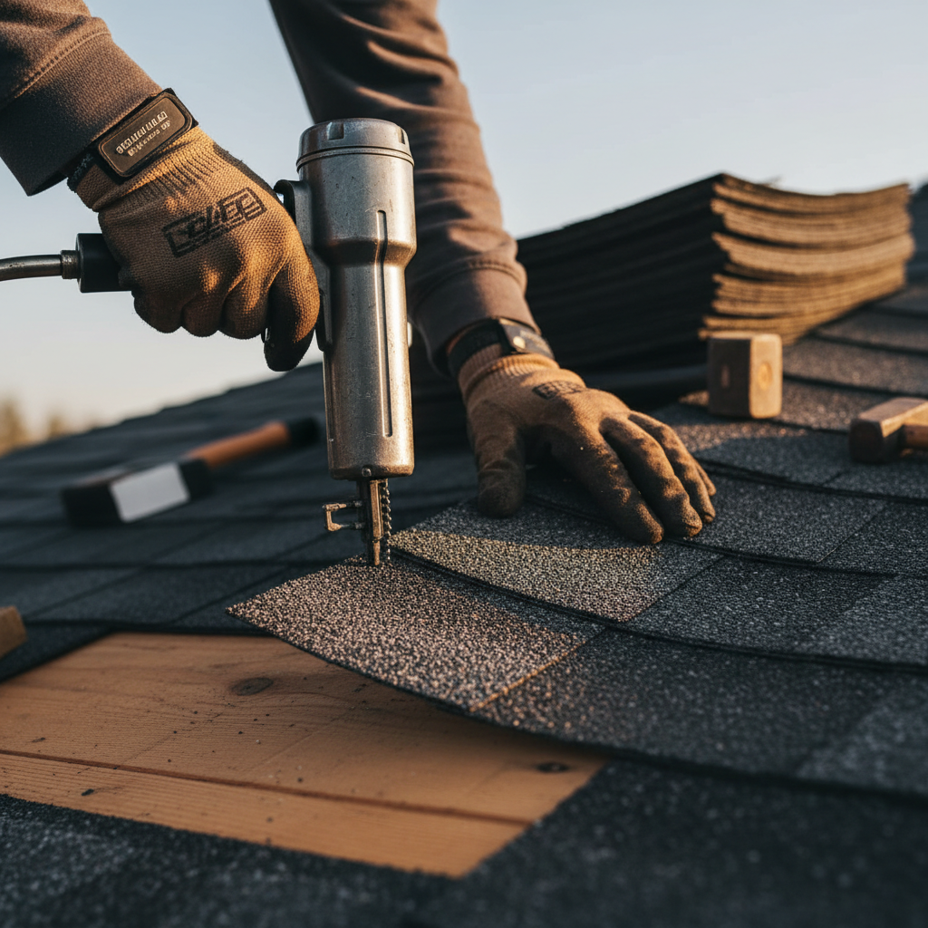 Real photos of your team and equipment build more trust than generic stock images. A roofing contractor in a work shirt reviewing lead information on a smartphone at a job site.