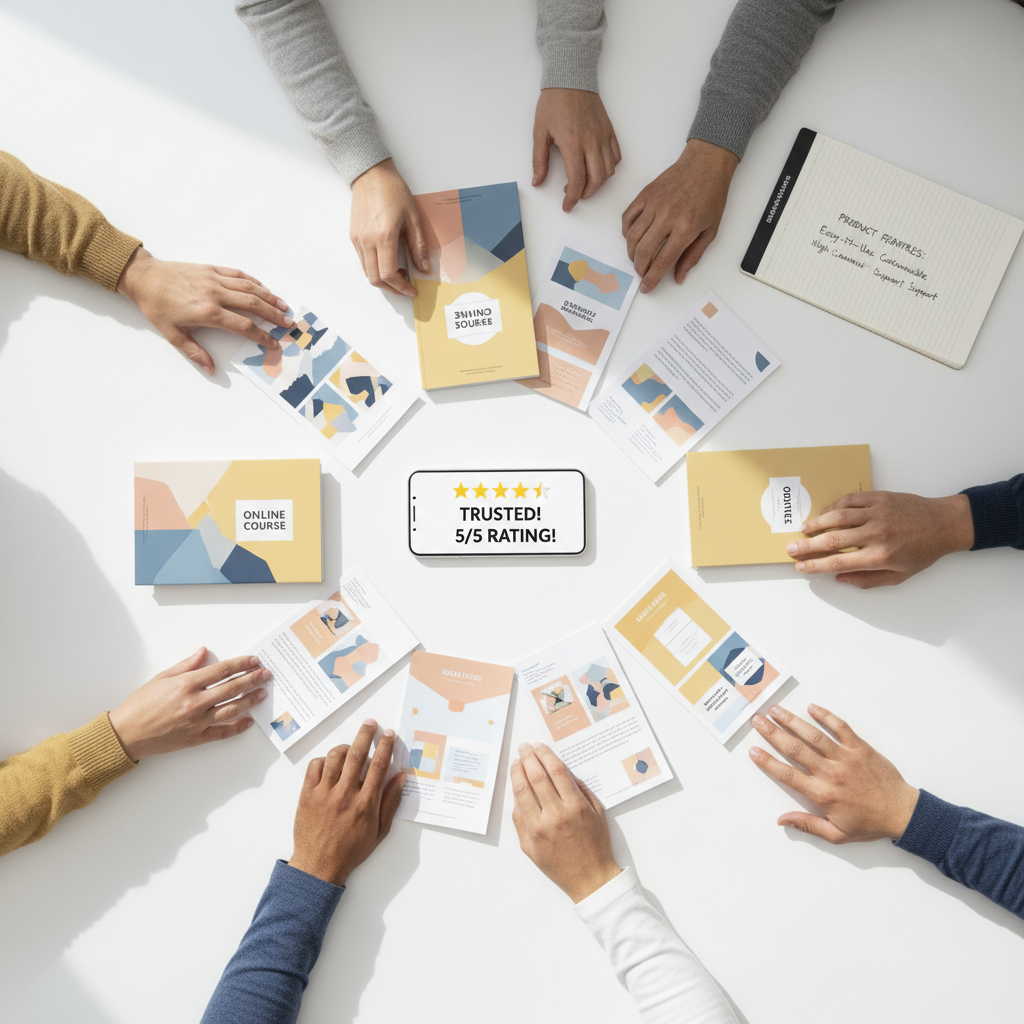 Diverse hands arranging digital product mockups and reviewing ratings on smartphone in collaborative marketplace setting Diverse hands arranging digital product mockups and reviewing ratings on smartphone in collaborative marketplace setting