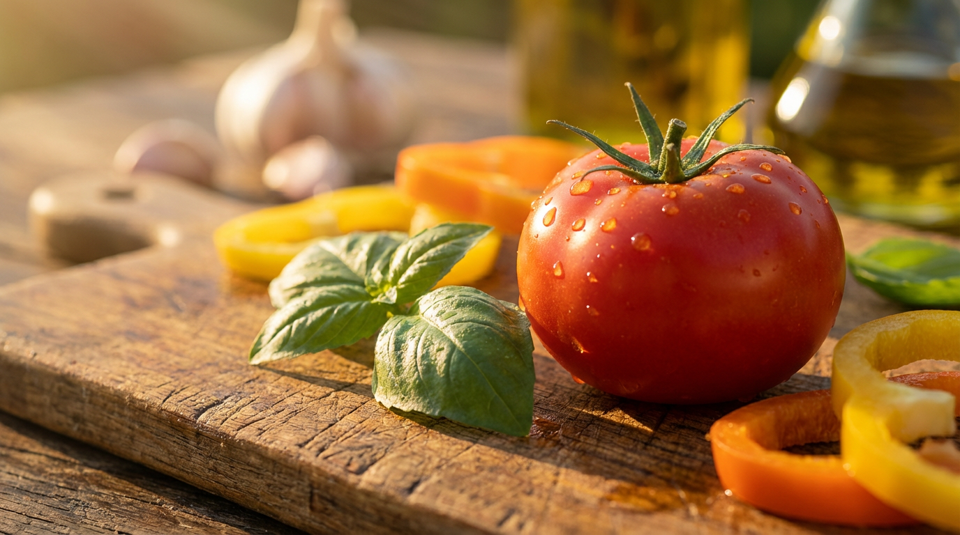 Close-up of fresh tomatoes, basil, and peppers with water droplets in warm studio lighting on wooden surface.