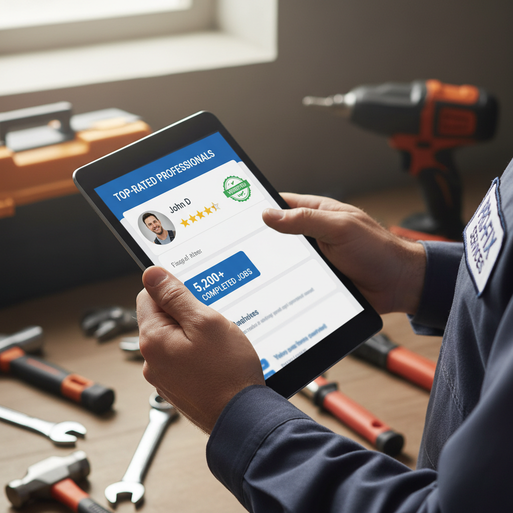 Tradesperson's hands displaying service marketplace app with verified badges and star ratings on tablet in sunlit workshop Tradesperson's hands displaying service marketplace app with verified badges and star ratings on tablet in sunlit workshop
