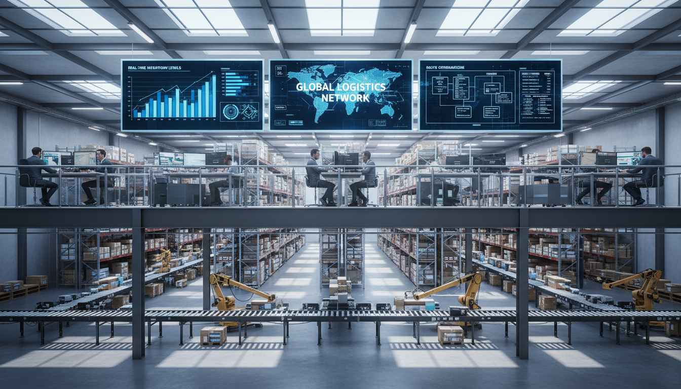 Supply chain professionals monitoring real-time warehouse operations from elevated control center with digital tracking displays