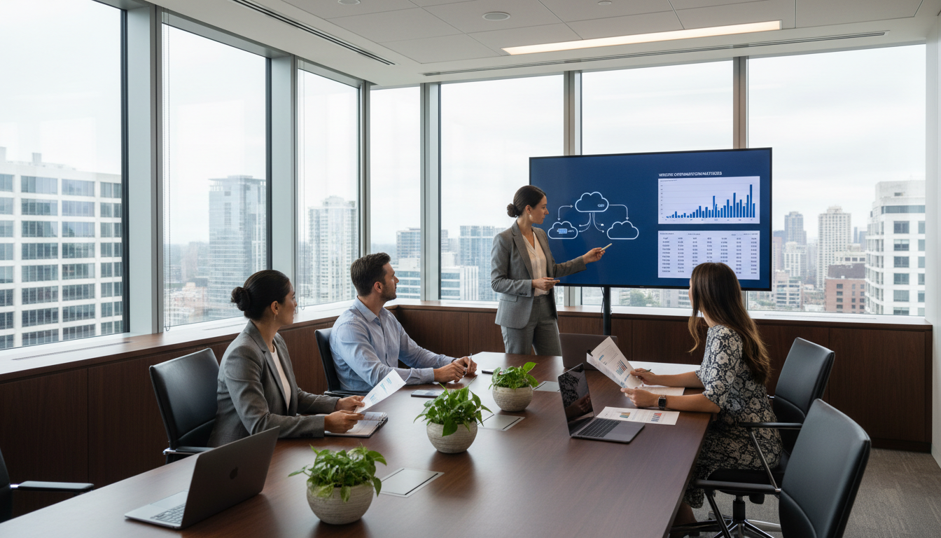 Diverse executive team collaborating around conference table during technology strategy and vendor optimization advisory meeting