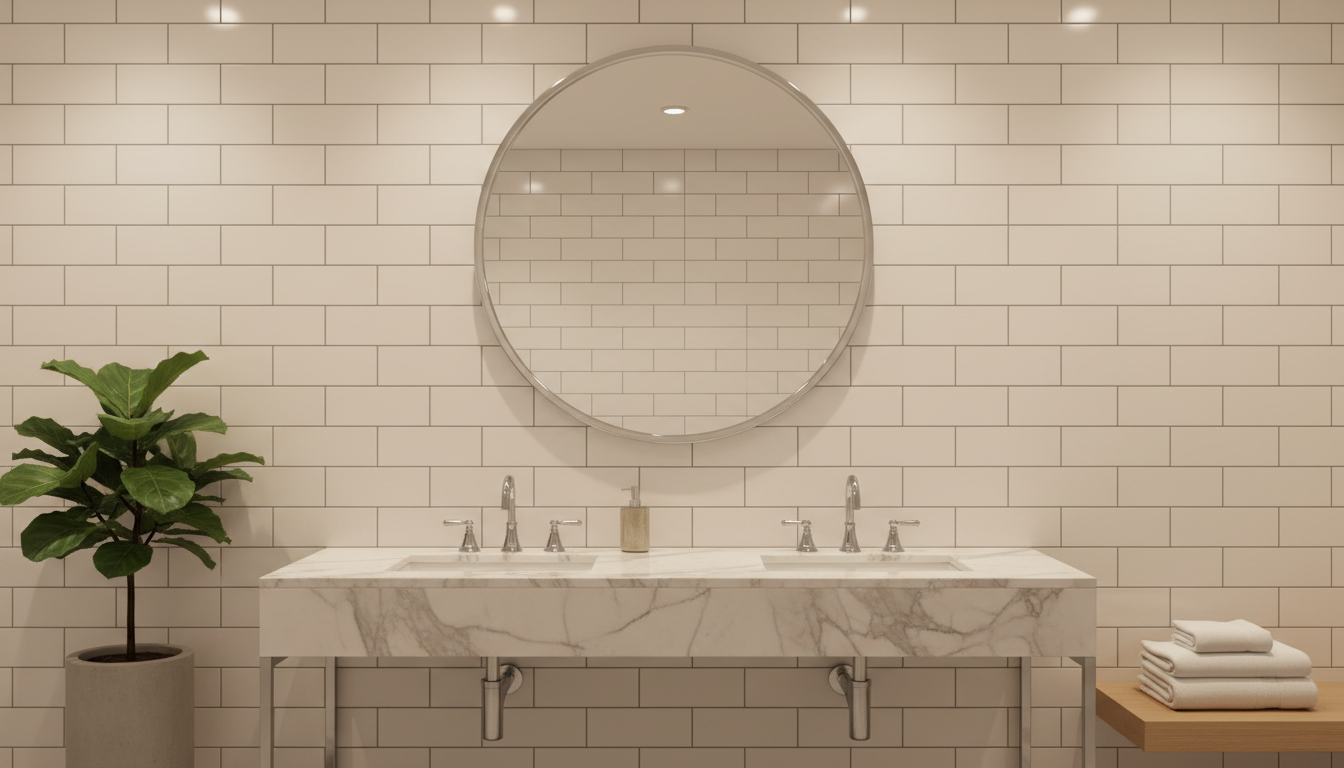 Newly renovated luxury bathroom with pristine white subway tile covering entire wall, showcasing professional installation and perfect grout alignment