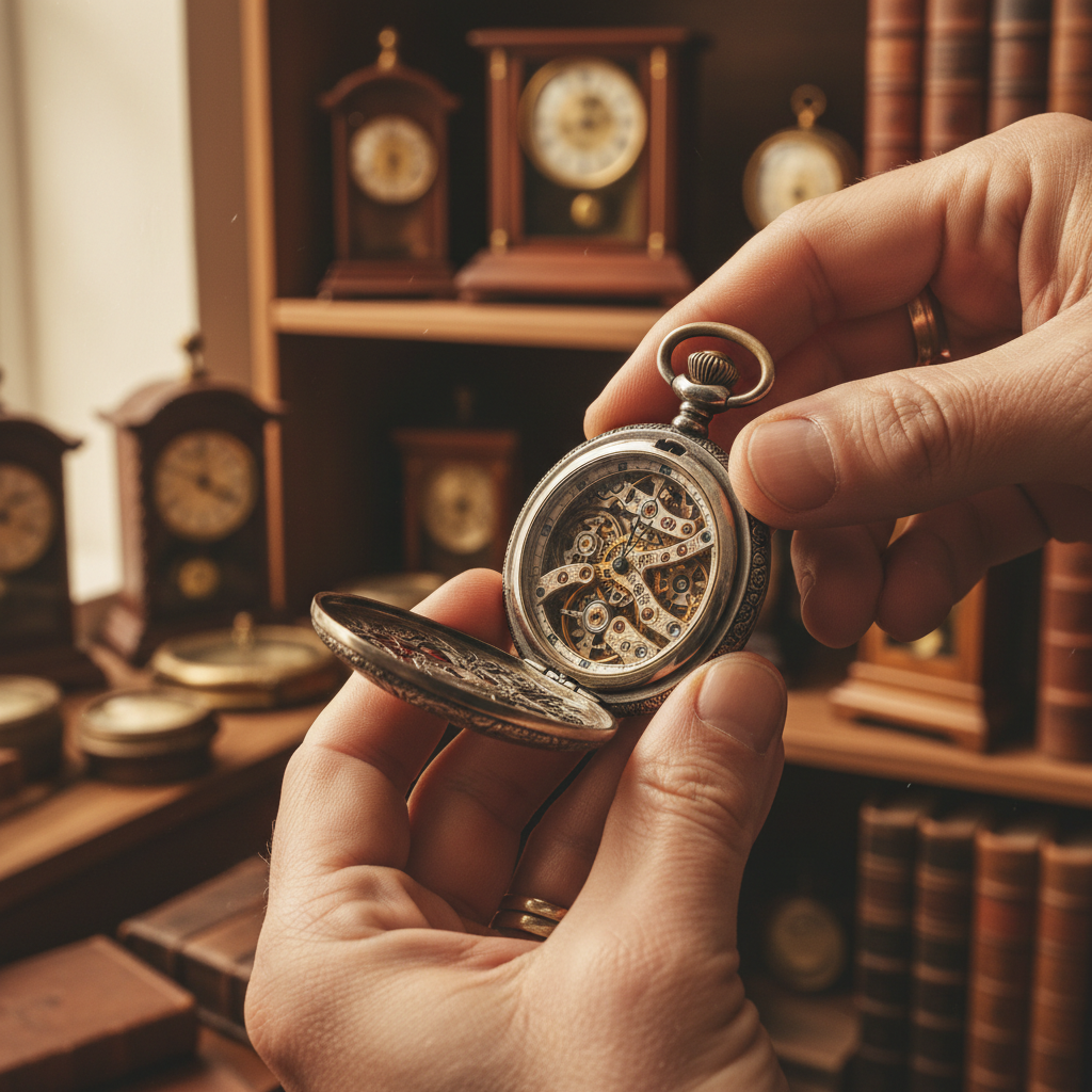Collector's hands closely examining ornate antique pocket watch with intricate mechanical details in warm natural light Collector's hands closely examining ornate antique pocket watch with intricate mechanical details in warm natural light
