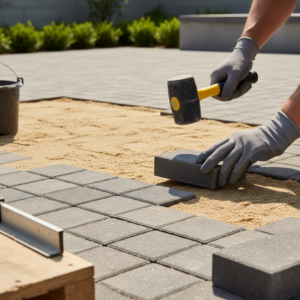 Properly installed sleeves allow for easy irrigation maintenance under permanent paver structures. Close up view of PVC sleeves being installed under a compacted gravel base for a paver driveway.