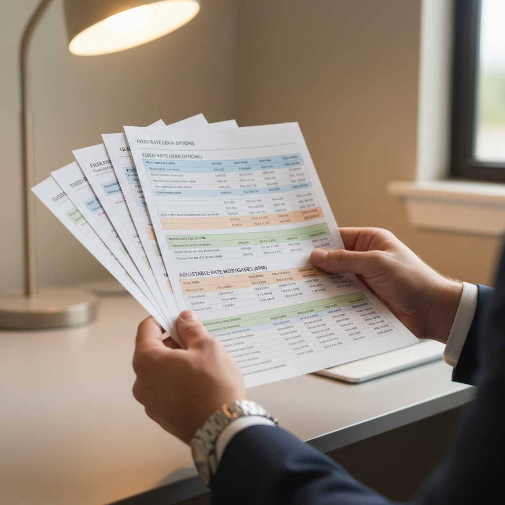 Mortgage advisor hands holding and reviewing detailed loan comparison documents with highlighted rate information on professional office desk Mortgage advisor hands holding and reviewing detailed loan comparison documents with highlighted rate information on professional office desk