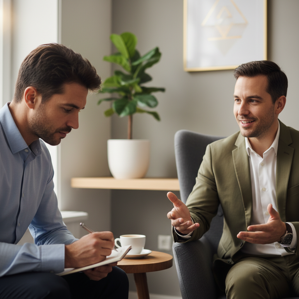 Coach and client in engaged conversation during mentoring session, client taking notes while receiving guidance in comfortable office setting Coach and client in engaged conversation during mentoring session, client taking notes while receiving guidance in comfortable office setting