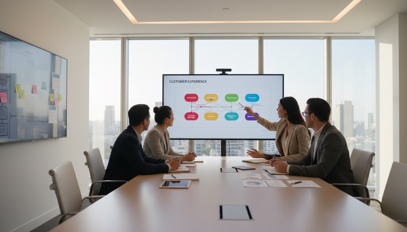 Diverse consulting team collaborating around conference table with digital displays showing customer strategy maps Diverse consulting team collaborating around conference table with digital displays showing customer strategy maps