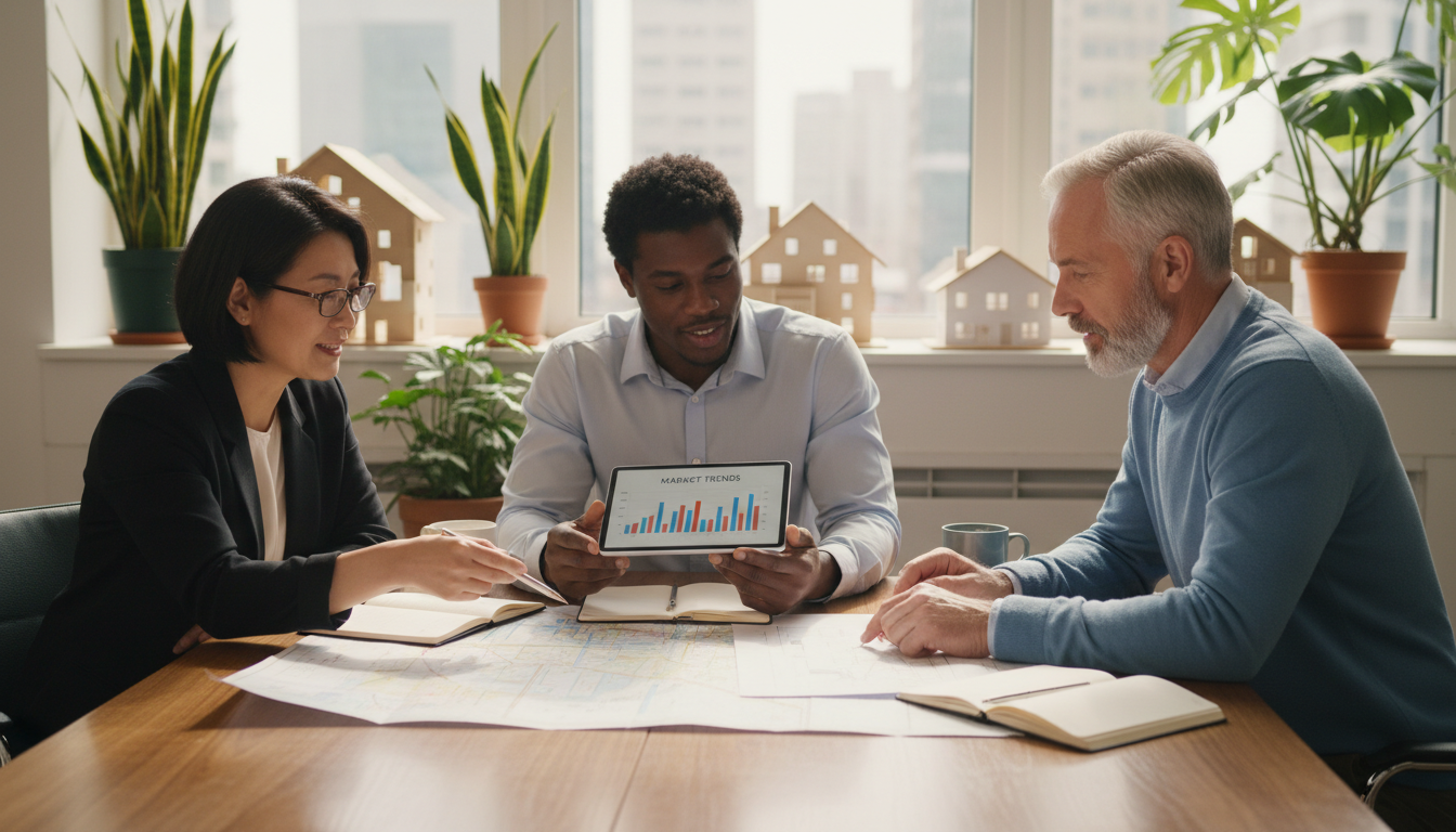 Diverse group reviewing property documents and market analysis together at wooden conference table in bright professional office