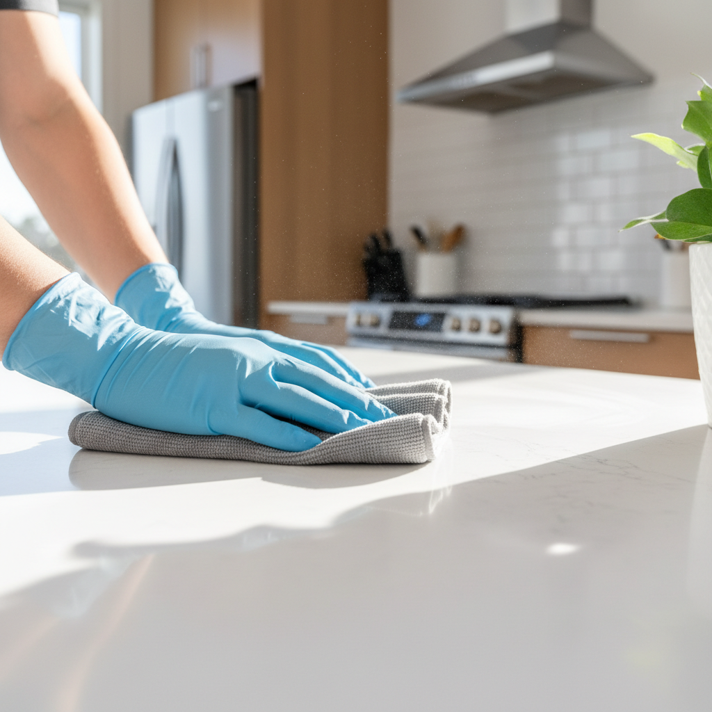 Deep cleaning helps remove the stubborn mineral deposits common in Utah's hard water areas. A professional cleaning team scrubbing kitchen countertops and addressing hard water spots on appliances.