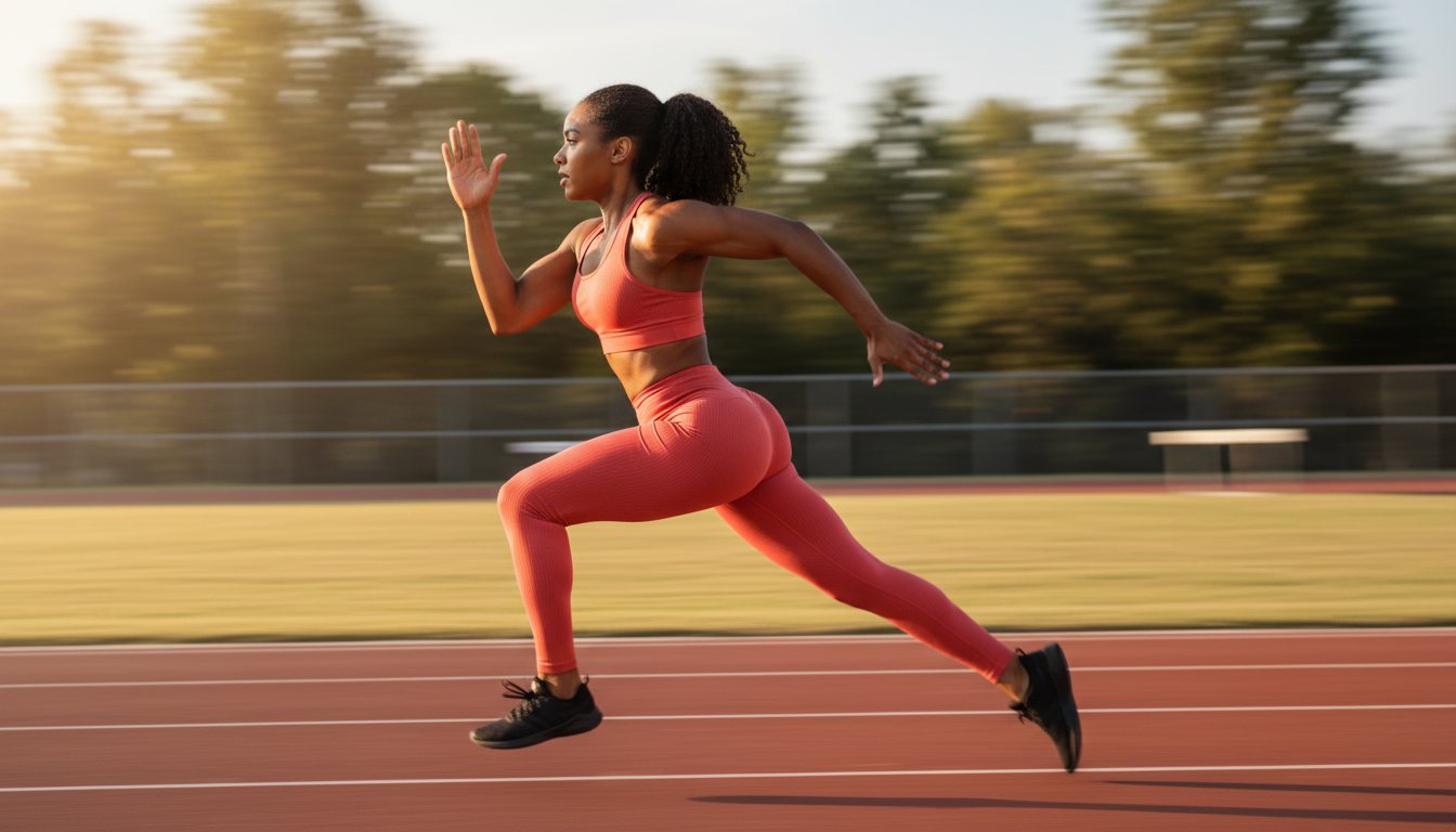 Woman sprinting on outdoor track wearing coral performance leggings and matching tank top in motion