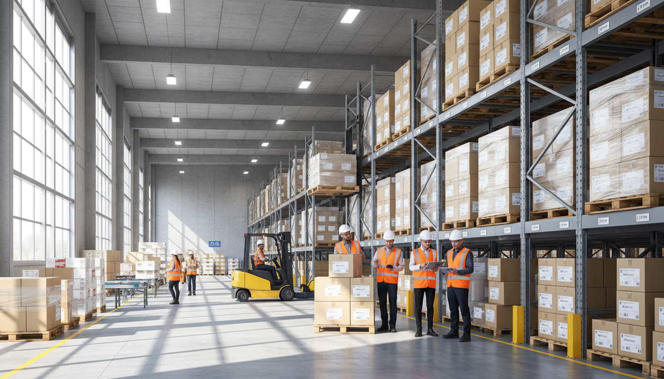Warehouse workers in safety gear moving inventory among tall shelving units filled with organized cardboard boxes and pallets