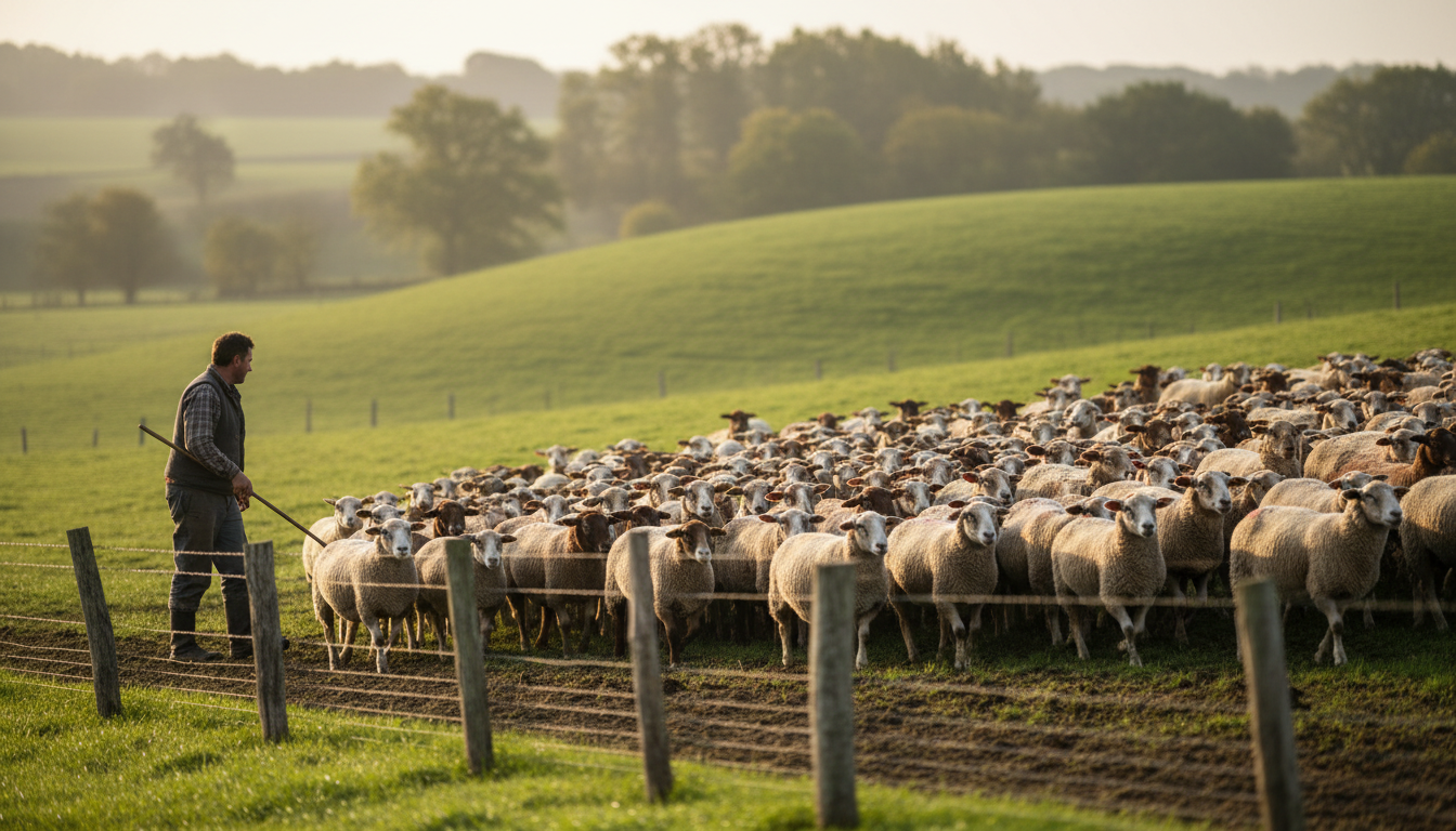 Controlled exposure to livestock from a safe distance builds confidence and prevents chasing. A small puppy sitting safely behind a farm fence watching a flock of sheep in a green paddock.
