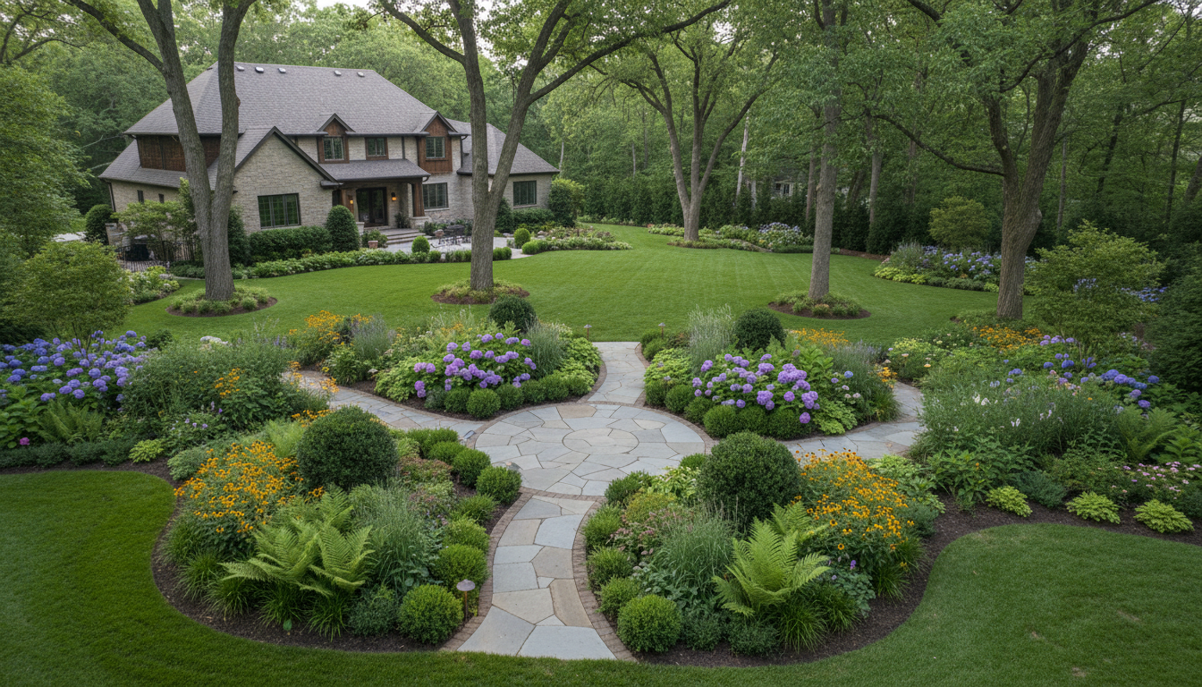 Professionally designed residential backyard with lush plantings, hardscaping pathways, and mature trees in afternoon light Professionally designed residential backyard with lush plantings, hardscaping pathways, and mature trees in afternoon light