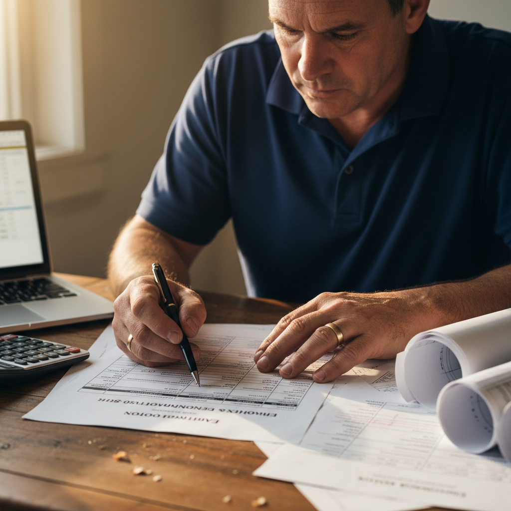 Construction contractor's hands reviewing bid proposal document at desk with blueprints and calculator nearby Construction contractor's hands reviewing bid proposal document at desk with blueprints and calculator nearby