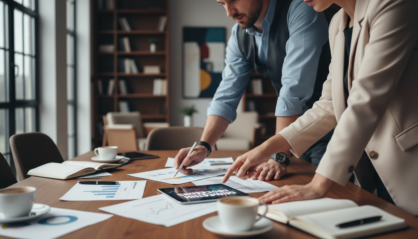 Business consultant and entrepreneur collaborating over market research documents and strategic planning materials at modern conference table
