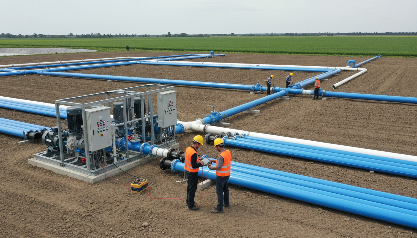 Team of technicians installing large-scale agricultural irrigation pump system across open field with piping and equipment Team of technicians installing large-scale agricultural irrigation pump system across open field with piping and equipment