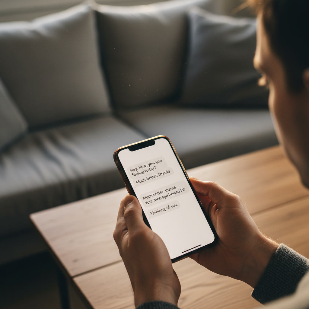 Close-up of hands holding smartphone displaying conversational wellness interface in warm home environment with soft natural light