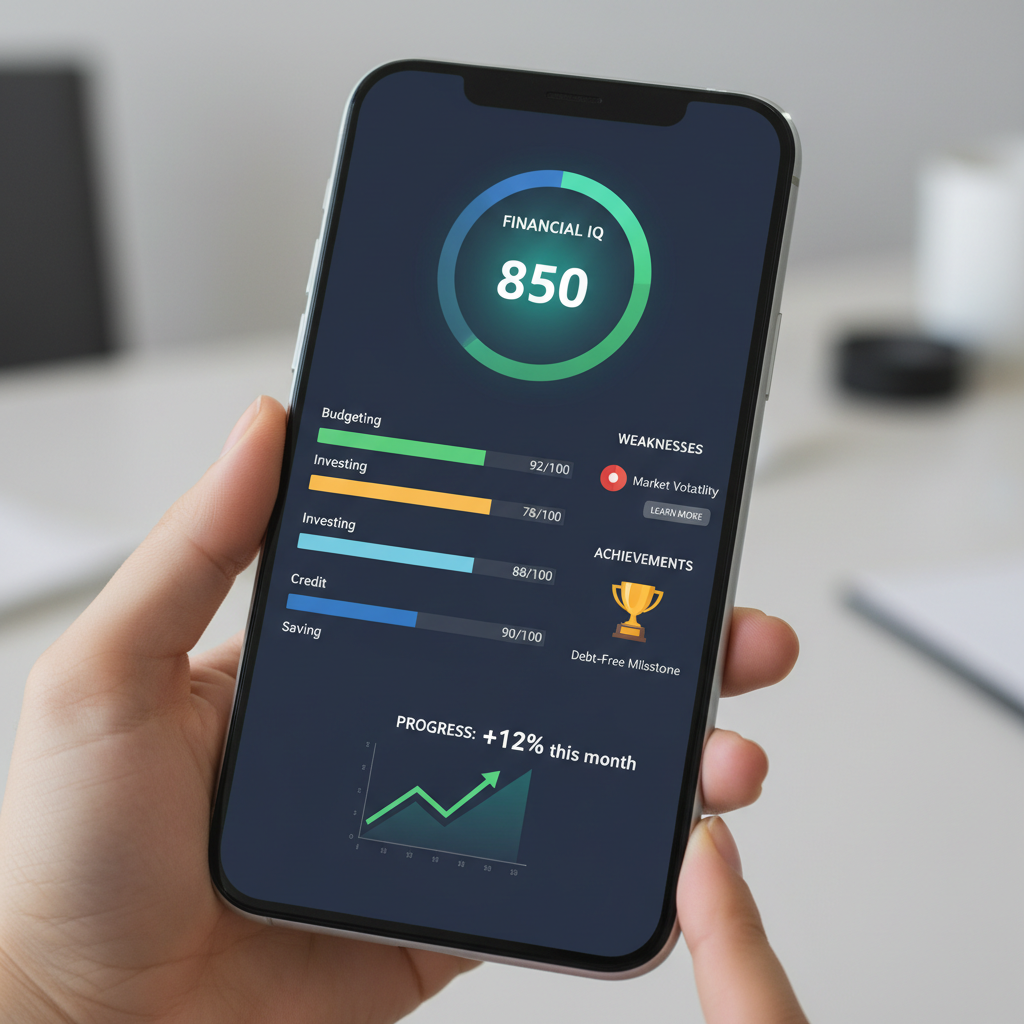 Smartphone screen displaying colorful financial intelligence score dashboard with metrics and progress bars Smartphone screen displaying colorful financial intelligence score dashboard with metrics and progress bars
