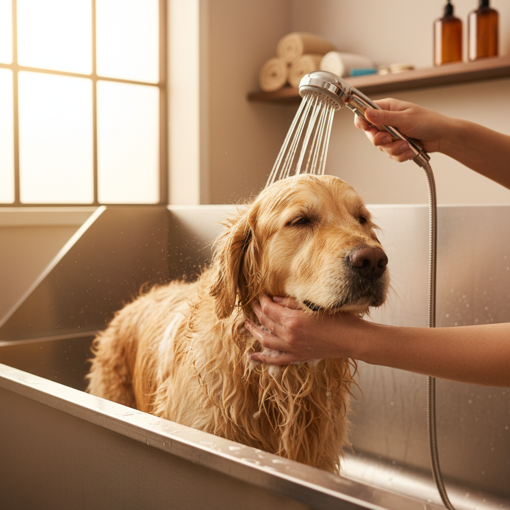 Groomer's hands gently bathing a fluffy golden retriever with warm water and soap in a professional grooming tub