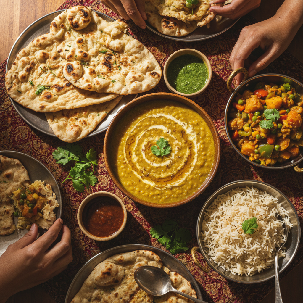 Overhead view of authentic Indian meal with dal, naan bread, and curry in ceramic bowls with natural lighting