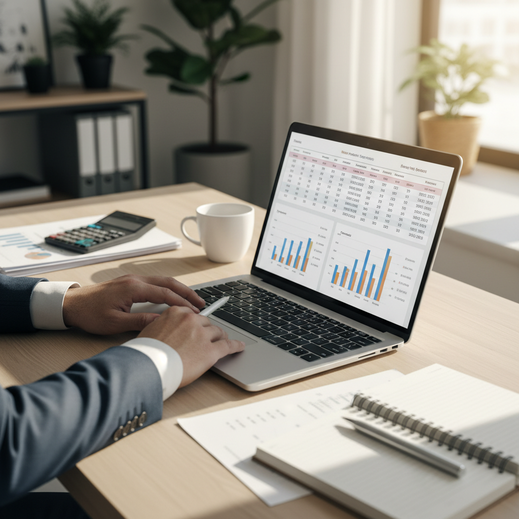 Calculating the real-world financial impact of new technology is the first step toward growth. Small business owner in a bright office reviewing financial reports on a laptop to measure ROI.