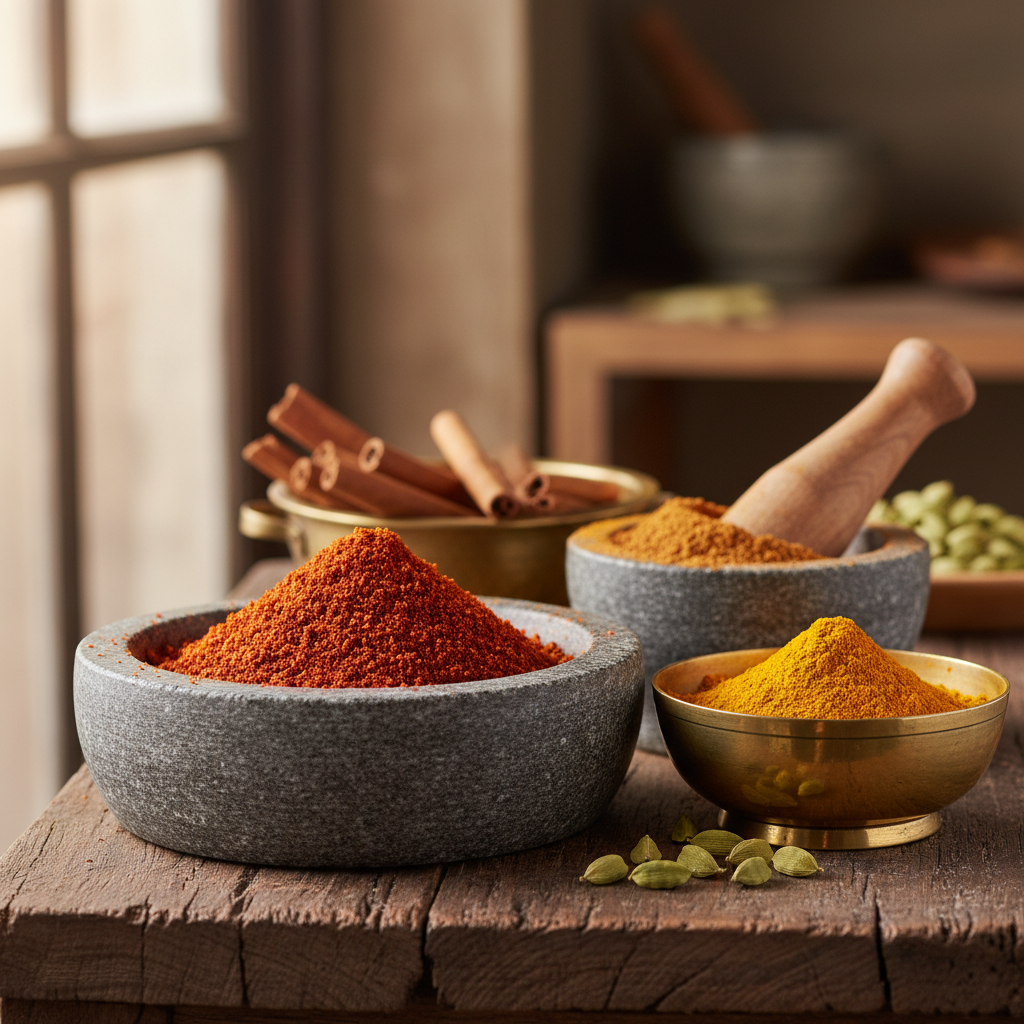Freshly ground spices in brass bowls and stone vessels, displaying vibrant colors and traditional preparation methods