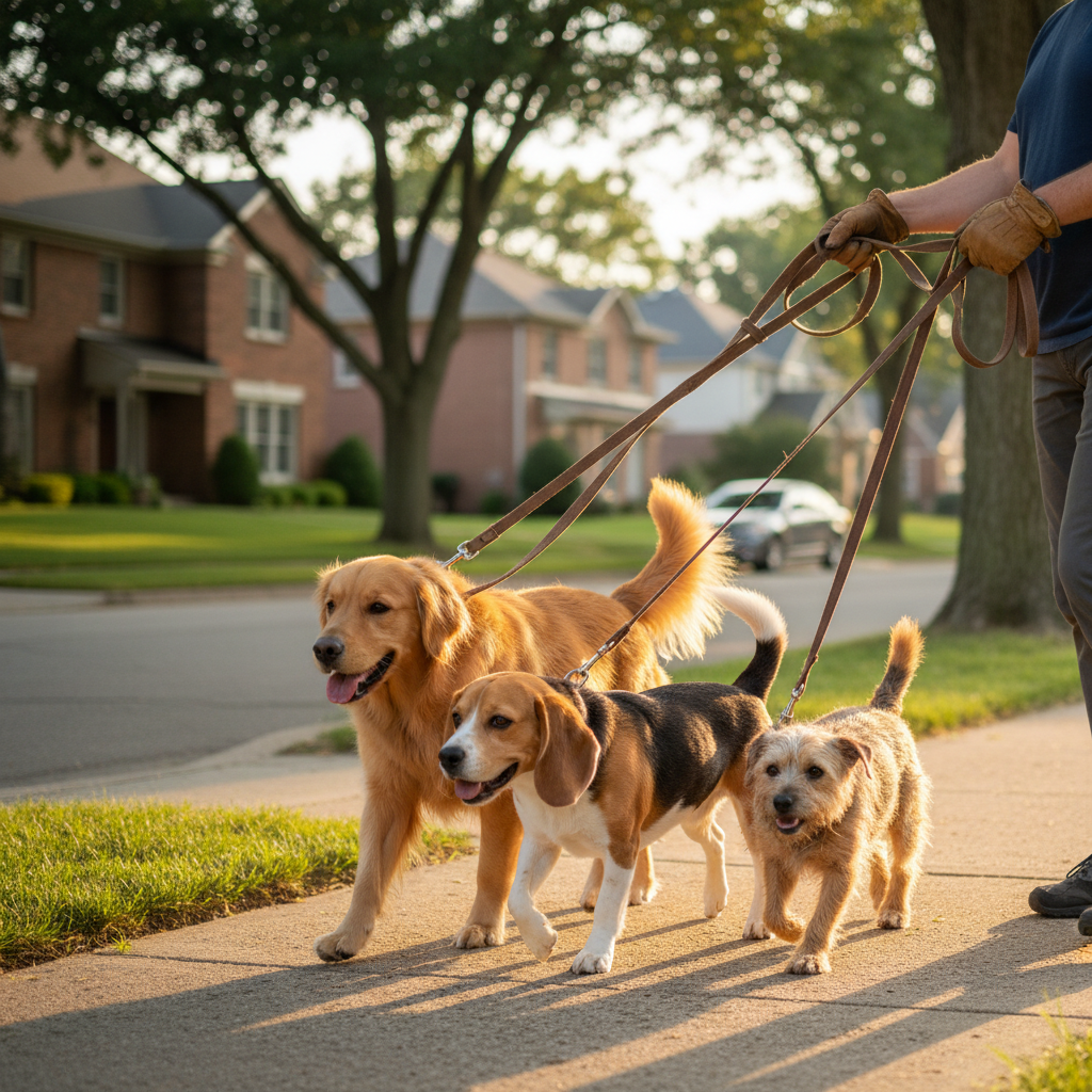 Short, controlled walks near your apartment building help build confidence in an urban environment. A person walking a young puppy on a loose leash along a clean suburban sidewalk with green nature strips.