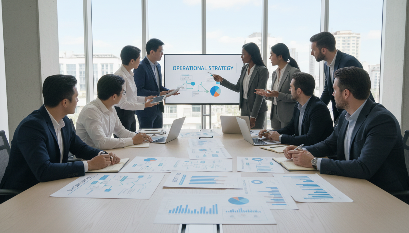 Strategic workforce planning helps small businesses anticipate talent needs before they become crises. An HR consultant reviewing an organizational chart with a small business team in a modern office.