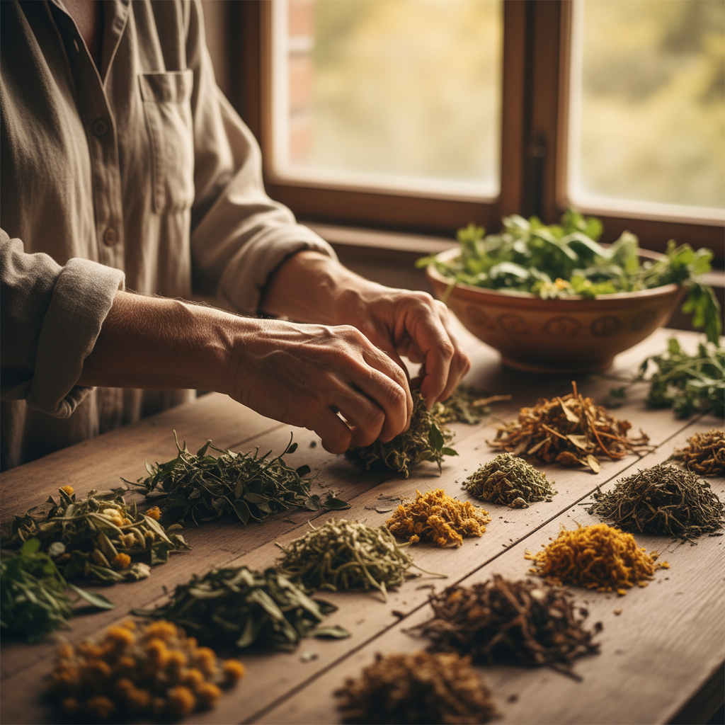 Experienced hands sorting dried medicinal herbs and botanical materials on weathered wooden table in natural light Experienced hands sorting dried medicinal herbs and botanical materials on weathered wooden table in natural light