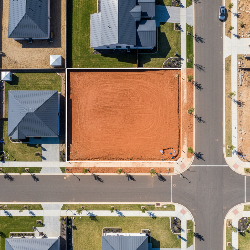 Aerial view of cleared and surveyed residential land plot with utility markers in planned community setting Aerial view of cleared and surveyed residential land plot with utility markers in planned community setting
